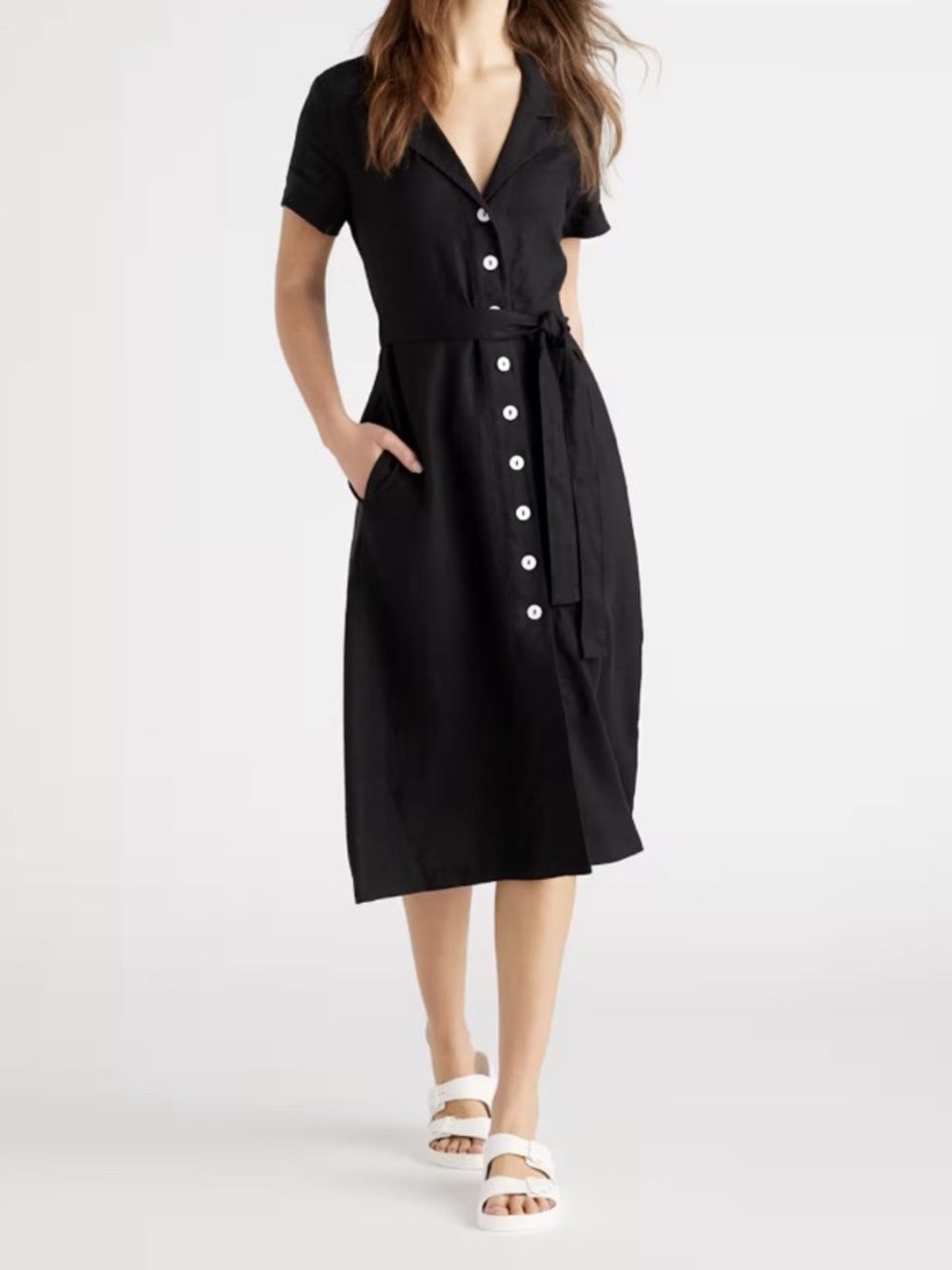 Quince 100% European Linen Button Front Midi Dress with Belt Black Size XS